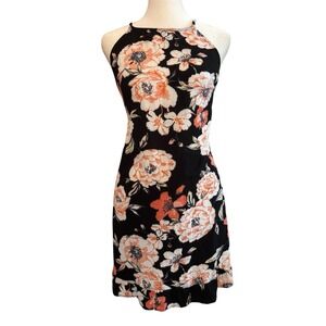 Roxy Womens Black Floral Print Spaghetti Strap Mini Dress M Summer Beach Hippie